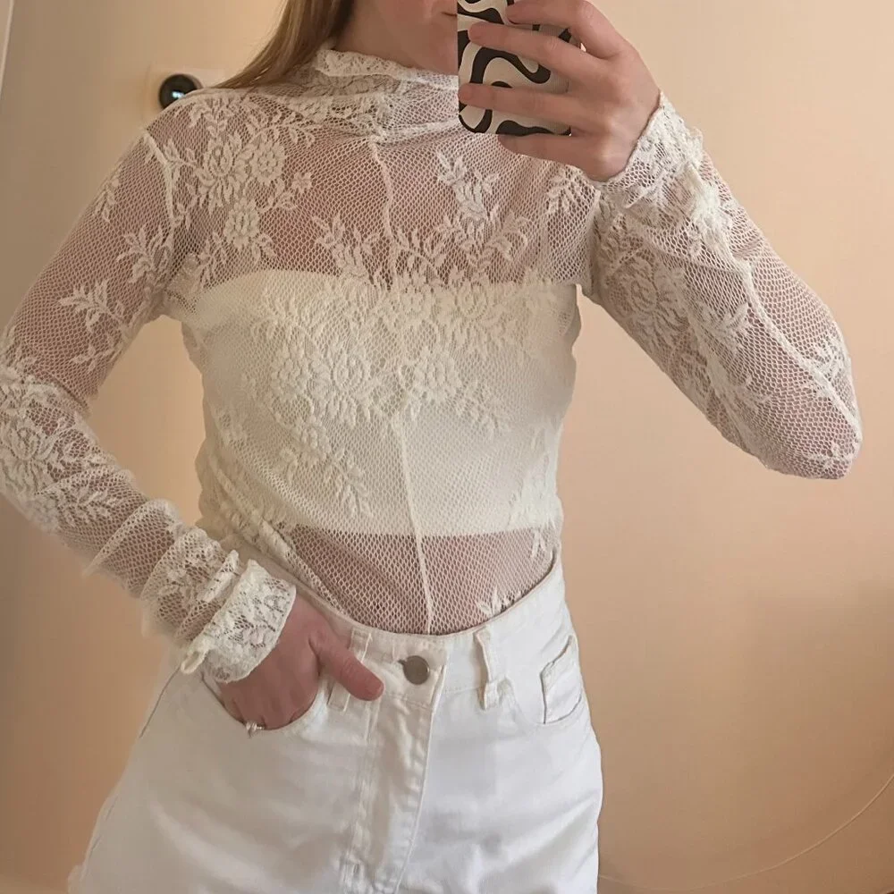 Free People Sheer Floral Lace Long Sleeve Top in Pale Pink